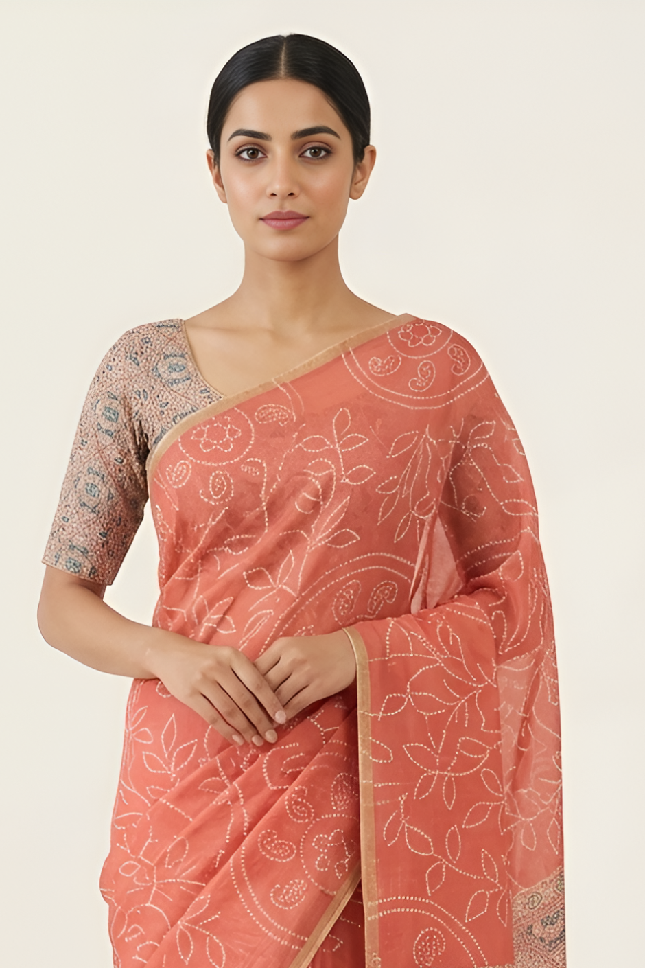 Ajrakh Kalamkari Zari Border Chanderi Saree (Coral Pink)