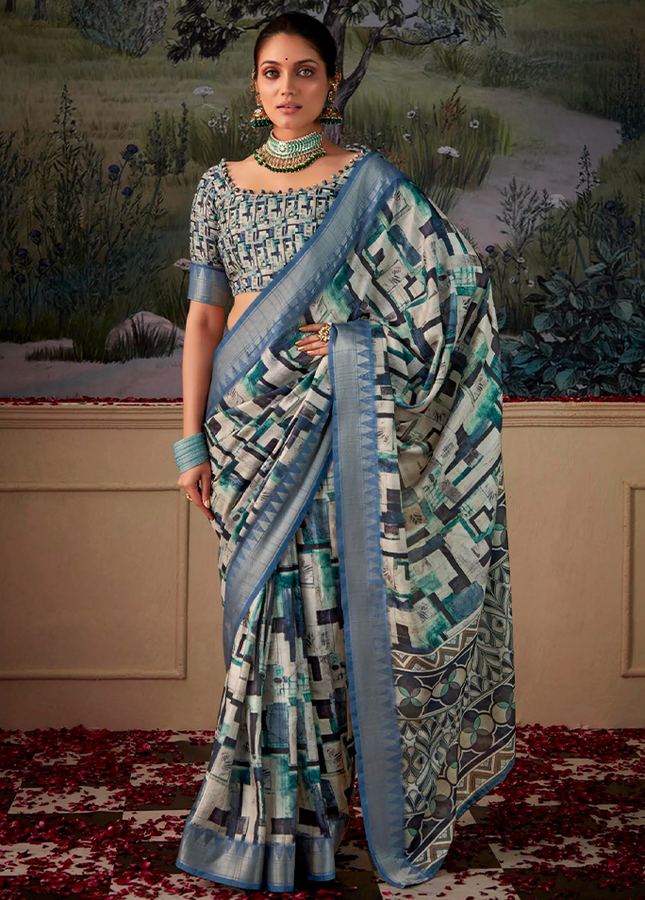 Geometric Print,Digital Saree (Grey)
