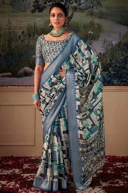Geometric Print,Digital Saree (Grey)