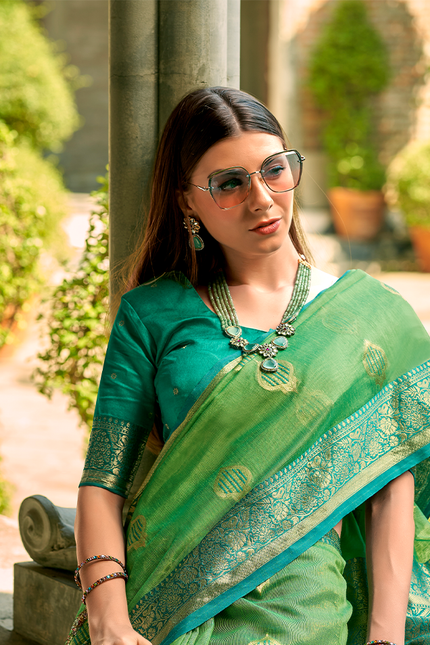 Weaving,Rich Pallu,Tissue Silk Saree (Green)