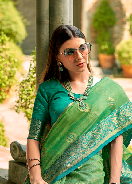 Weaving,Rich Pallu,Tissue Silk Saree (Green)