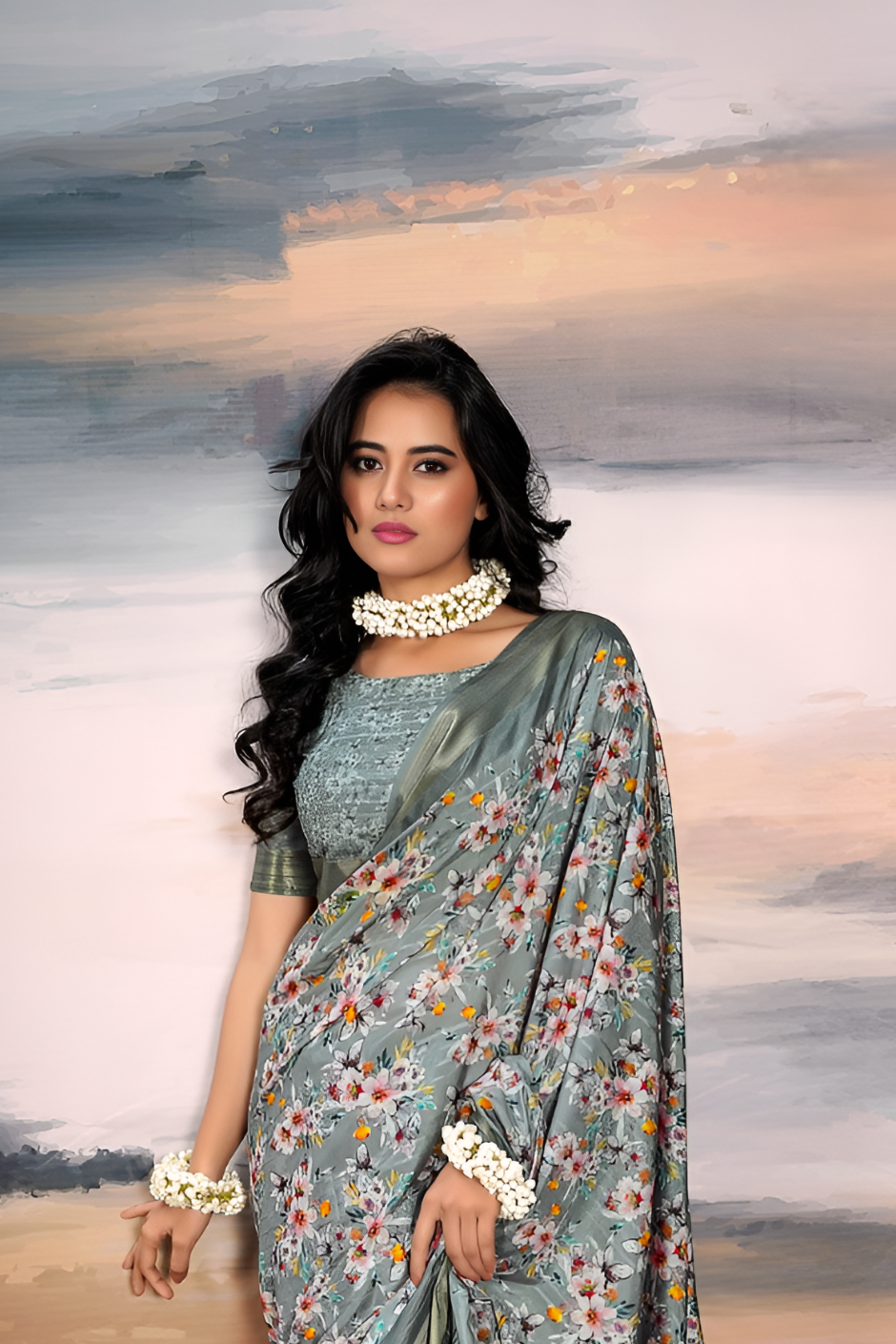 Pure Cotton Silk With Digital Print (Grey)