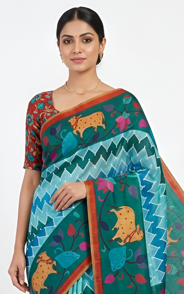 Kazari Print Linen Zari Border Saree (Green Multicolor)