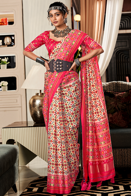 Bandhan Patola,Handloom Silk Saree (Cream & Red)