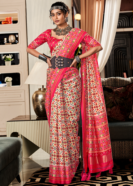 Bandhan Patola,Handloom Silk Saree (Cream & Red)