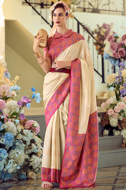 Ikkat Border, Soft silk Contrast pallu Saree (Cream)