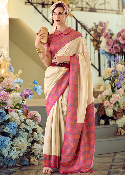 Ikkat Border, Soft silk Contrast pallu Saree (Cream)