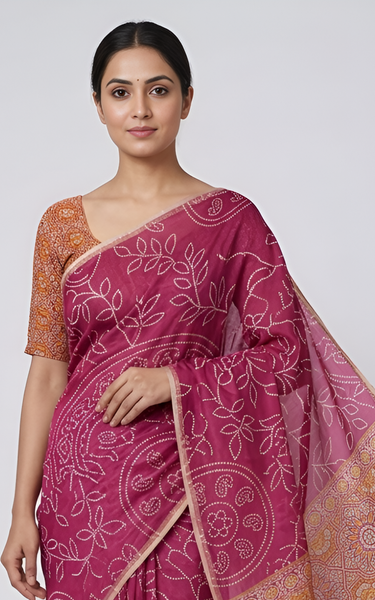 Ajrakh Kalamkari Zari Border Chanderi Saree (Magenta)