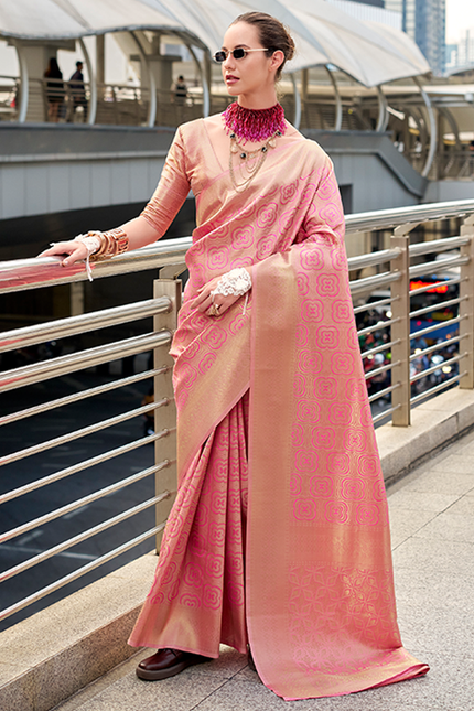 Kanjivaram style, sattin crape silk Saree (Pink)