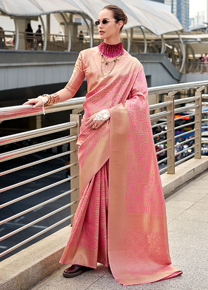 Handloom Kanjivaram Buttery Silk with Zari Weaving (Rose Pink)