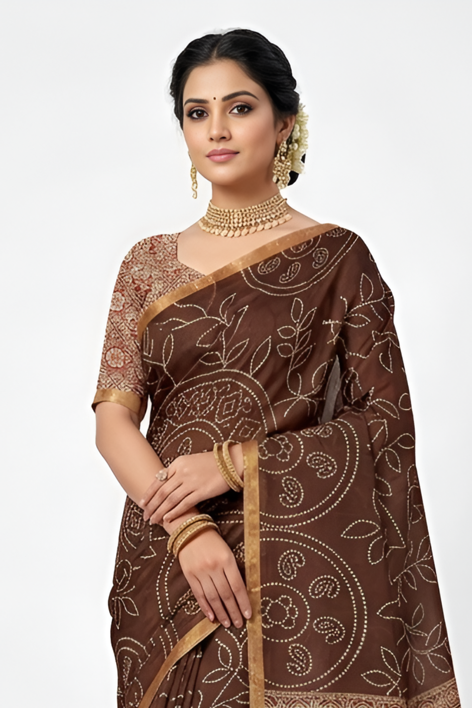 Ajrakh Kalamkari Zari Border Chanderi Saree (Brown)