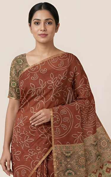 Ajrakh Kalamkari Zari Border Chanderi Saree (Rusty Maroon)