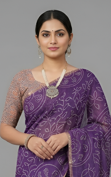 Ajrakh Kalamkari Zari Border Chanderi Saree (Purple)