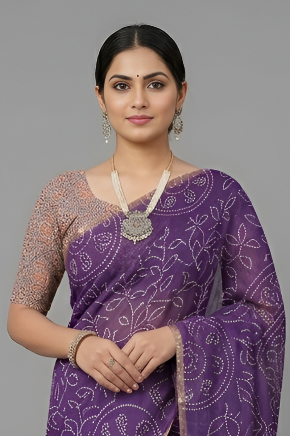 Ajrakh Kalamkari Zari Border Chanderi Saree (Purple)