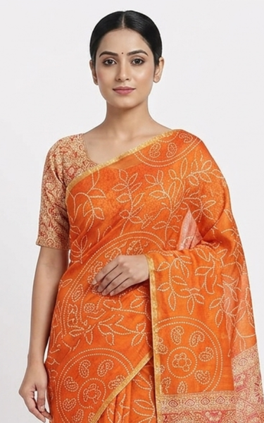 Ajrakh Kalamkari Zari Border Chanderi Saree (Orange)