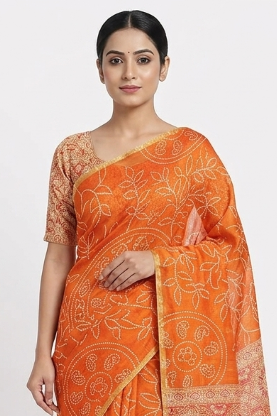 Ajrakh Kalamkari Zari Border Chanderi Saree (Orange)