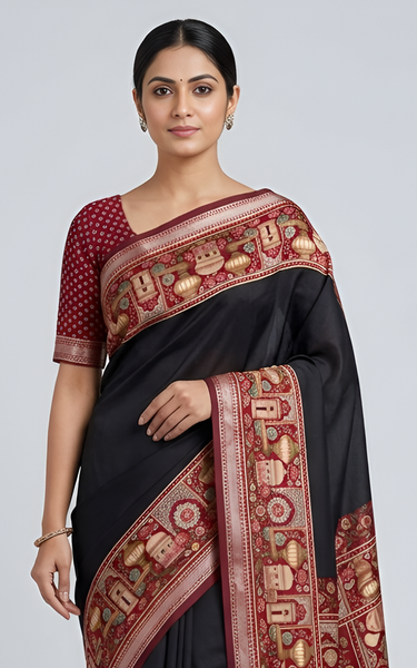 Temple Printed Soft Mul Cotton Saree with Zari Border (Black)
