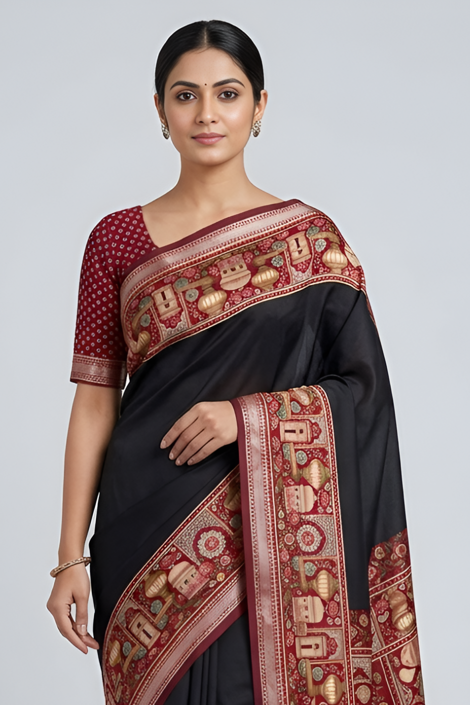 Temple Printed Soft Mul Cotton Saree with Zari Border (Black)