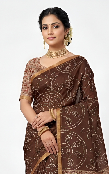 Ajrakh Kalamkari Zari Border Chanderi Saree (Brown)