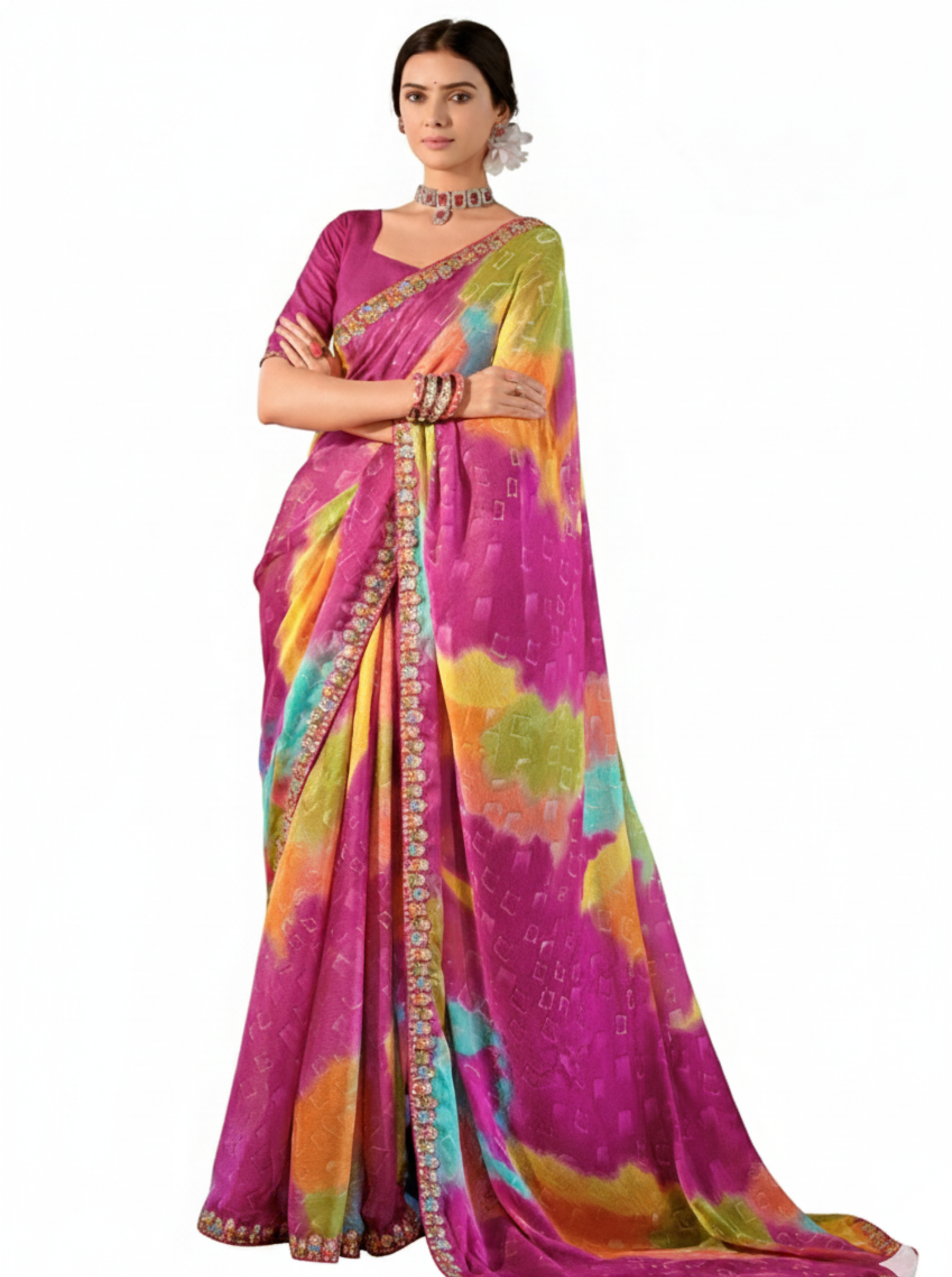 Georgette Weaving Pattern Digital Print Saree with Embroidered Border