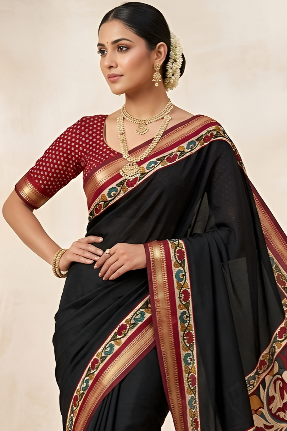 Soft Mul Cotton Kalamkari Pallu Saree with Zari Border (Black)