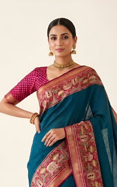 Temple Printed Soft Mul Cotton Saree with Zari Border (Teal Blue)