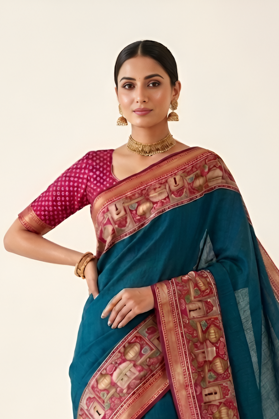 Temple Printed Soft Mul Cotton Saree with Zari Border (Teal Blue)