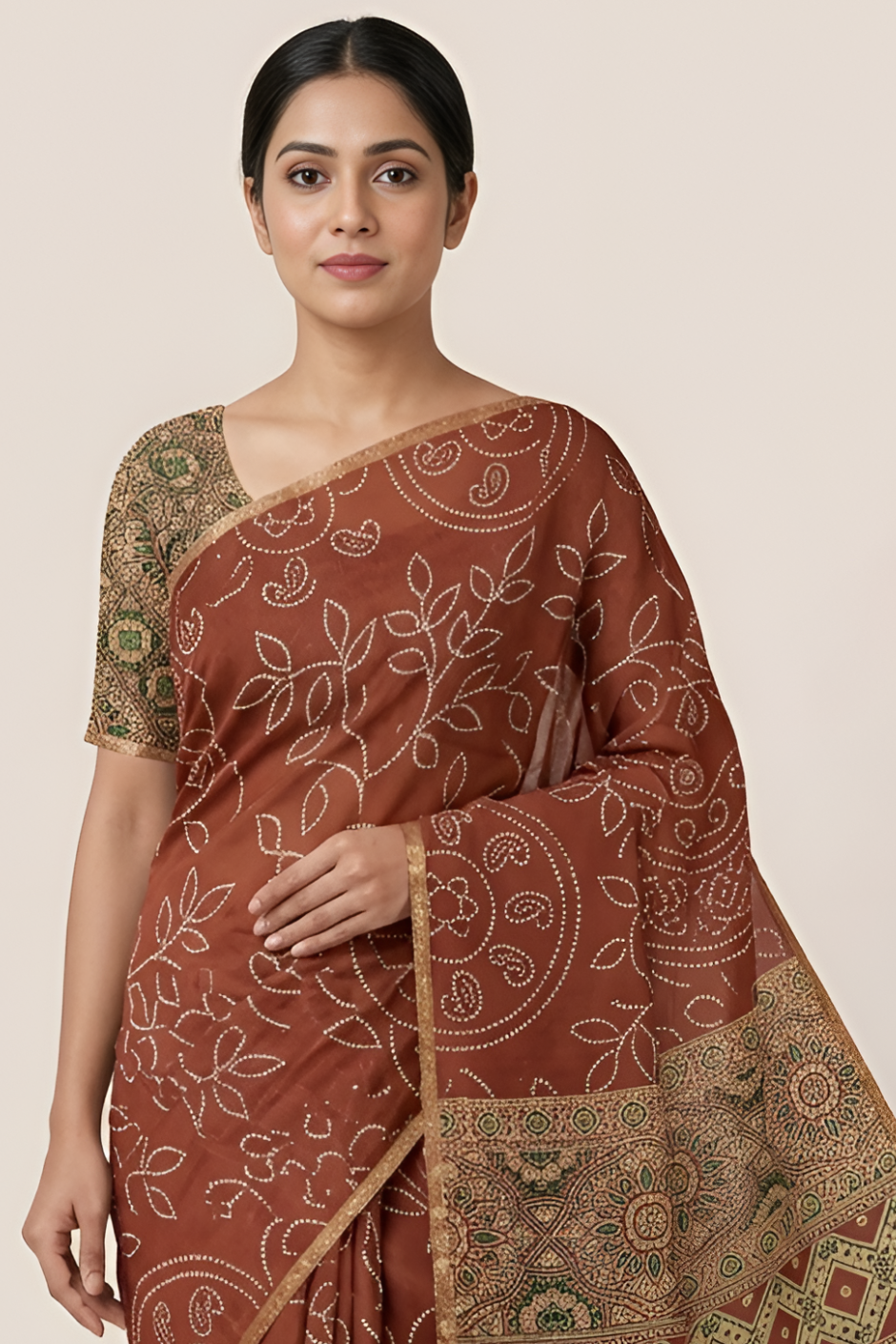 Ajrakh Kalamkari Zari Border Chanderi Saree (Rusty Maroon)