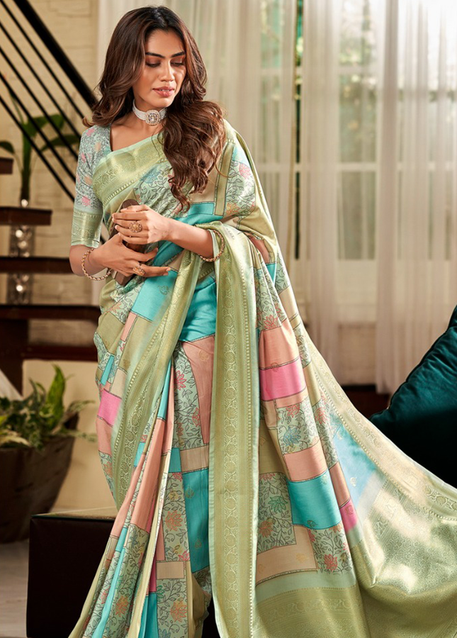 Digital Print, Soft silk Weaving Pallu Saree (Green)