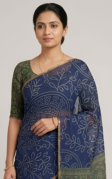 Ajrakh Kalamkari Zari Border Chanderi Saree (Royal Blue)
