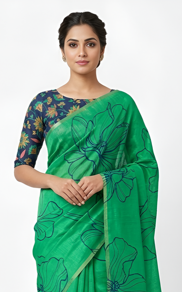 Kalamkari Printed Chanderi Linen Saree with Weaving Border (Parrot Green)