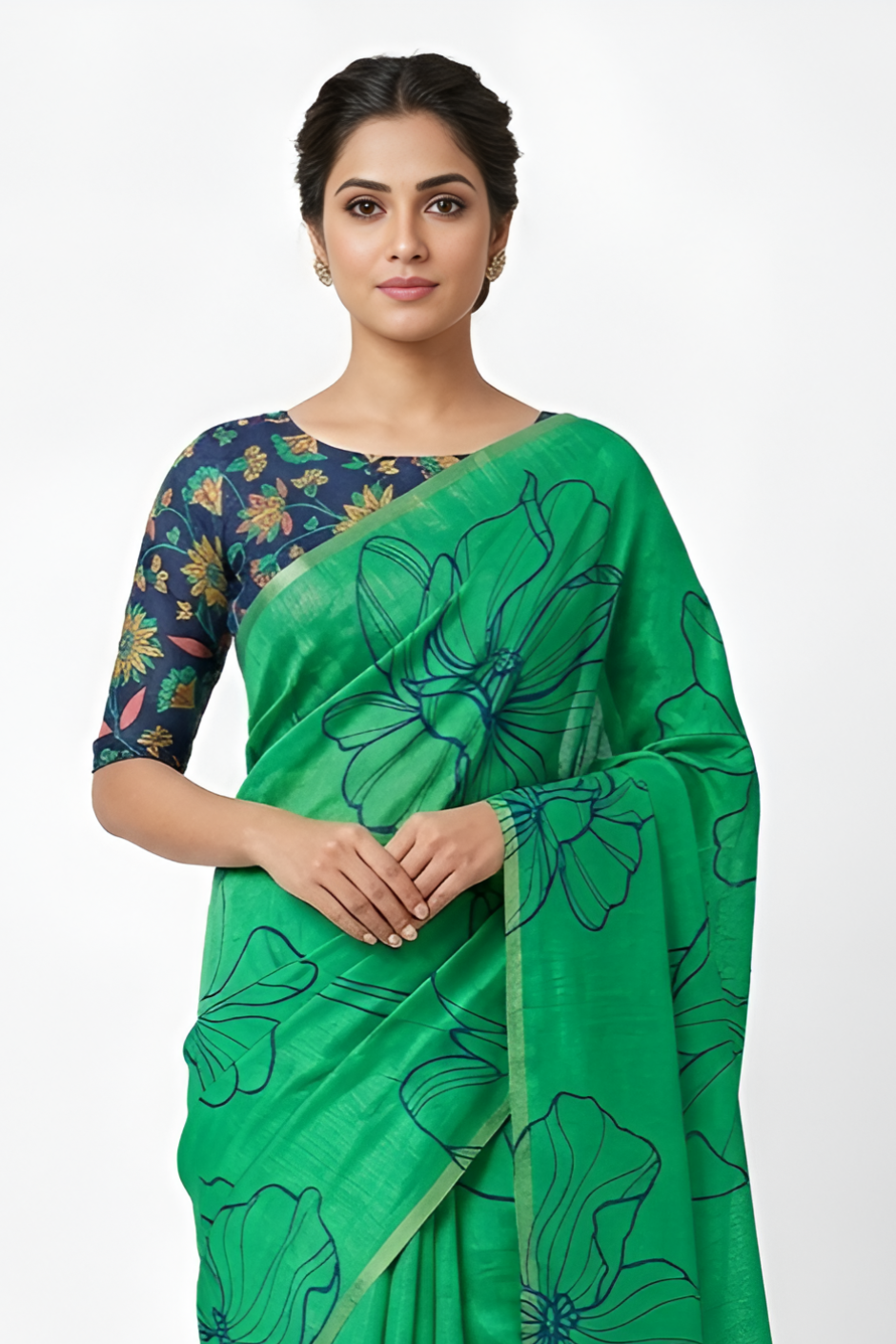 Kalamkari Printed Chanderi Linen Saree with Weaving Border (Parrot Green)