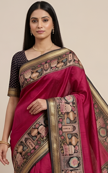 Temple Printed Soft Mul Cotton Saree with Zari Border (Pink)