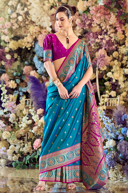 Minakari Paithani,Pure Soft Banarasi Silk Saree (Blue)