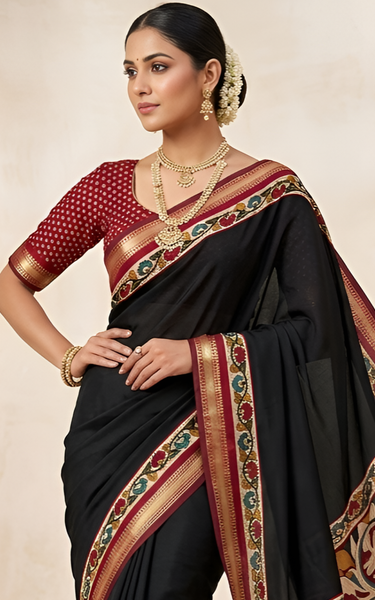 Soft Mul Cotton Kalamkari Pallu Saree with Zari Border (Black)