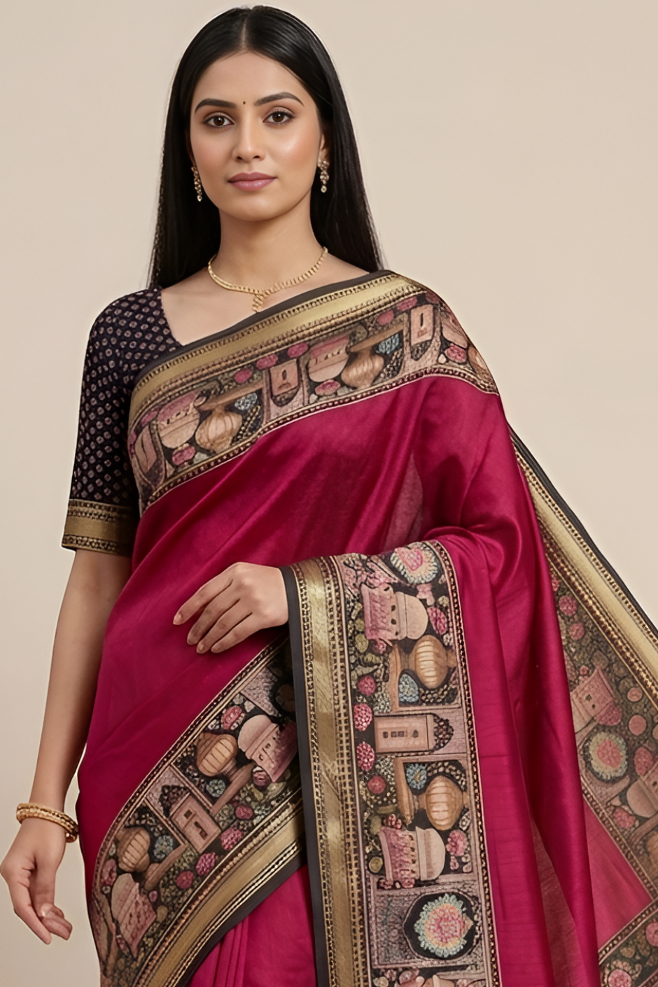 Temple Printed Soft Mul Cotton Saree with Zari Border (Pink)
