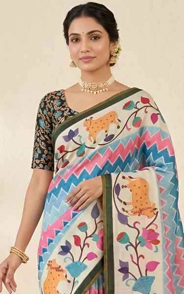 Kazari Print Linen Zari Border Saree (Cream Blue)