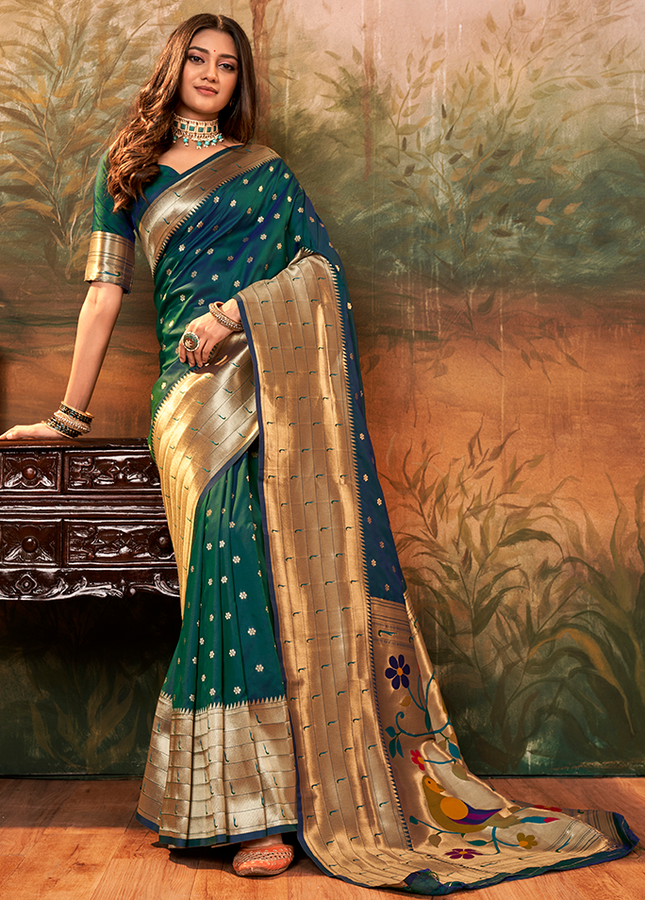 Pure Paithani Silk,Weaving Saree (Green)