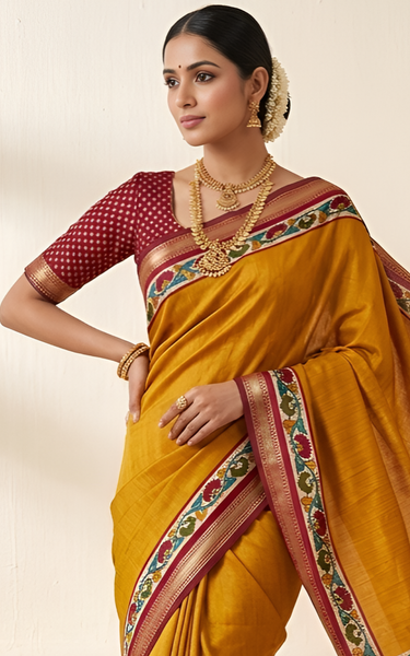 Soft Mul Cotton Kalamkari Pallu Saree with Zari Border (Yellow)