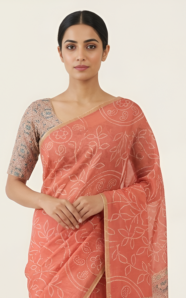 Ajrakh Kalamkari Zari Border Chanderi Saree (Coral Pink)