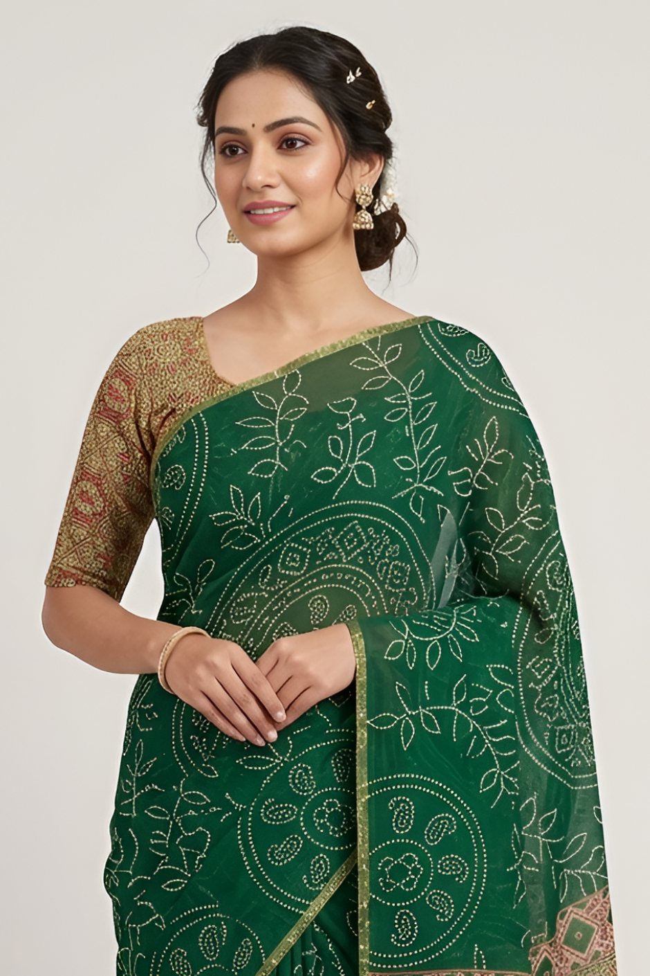 Ajrakh Kalamkari Zari Border Chanderi Saree (Emerald Green)