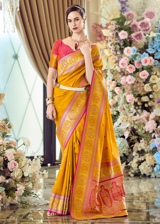 Minakari Paithani,Pure Soft Banarasi Silk Saree (Yellow)