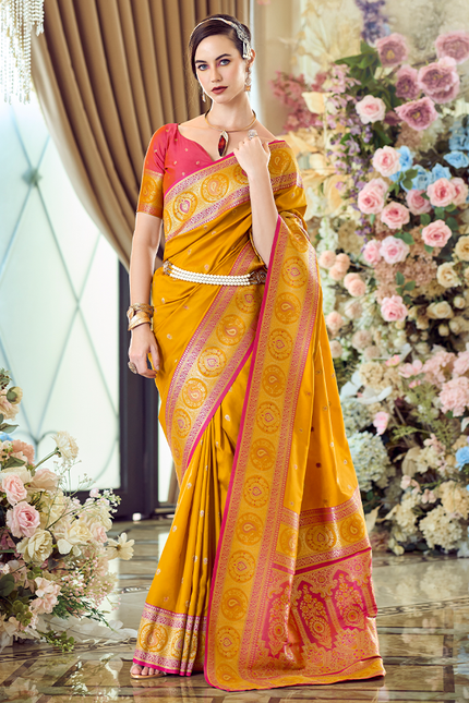Minakari Paithani,Pure Soft Banarasi Silk Saree (Yellow)