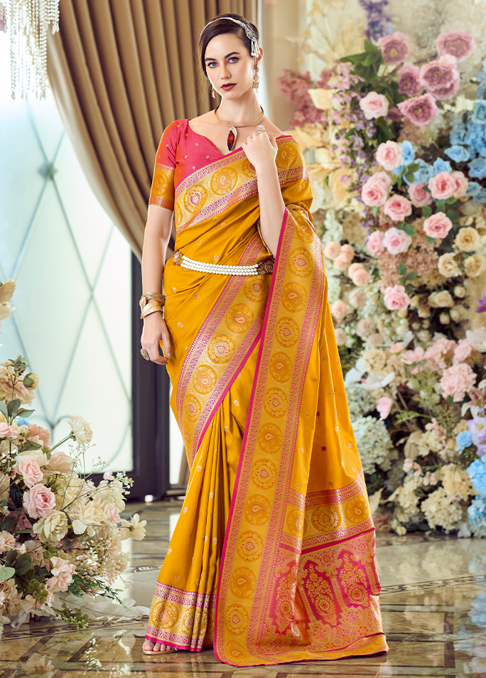 Minakari Paithani, Pure Soft Banarasi Silk Saree (Yellow)
