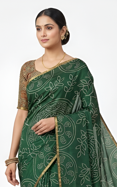 Ajrakh Kalamkari Zari Border Chanderi Saree (Dark Green)