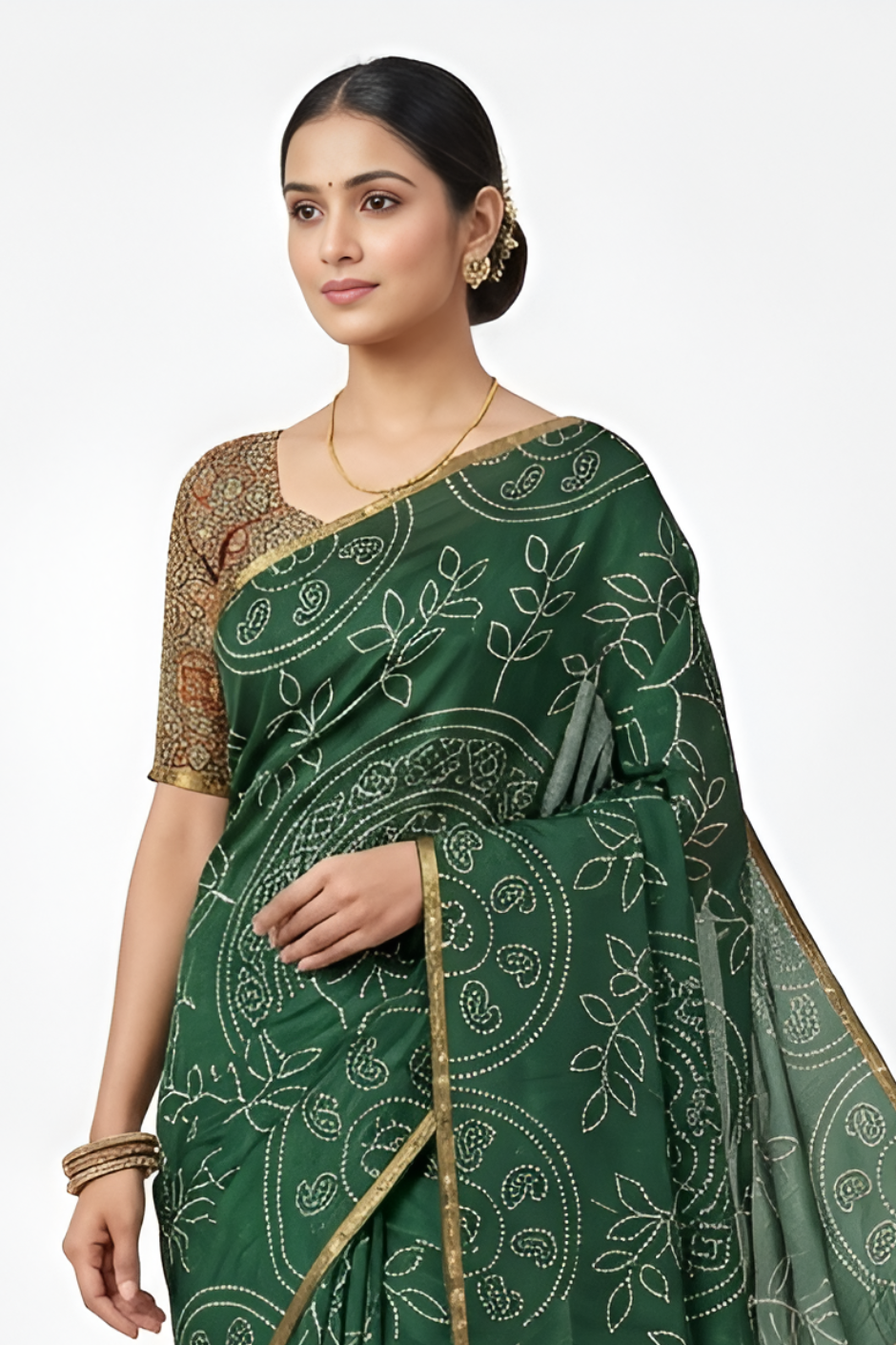 Ajrakh Kalamkari Zari Border Chanderi Saree (Dark Green)