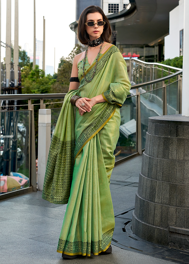 Linen Tissue,Gala Border Saree (Oliv Green)