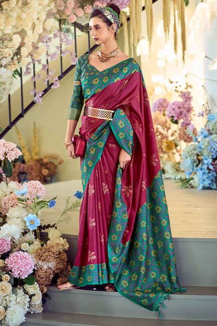 Ikkat Border, Soft silk Contrast pallu Saree (Maroon)