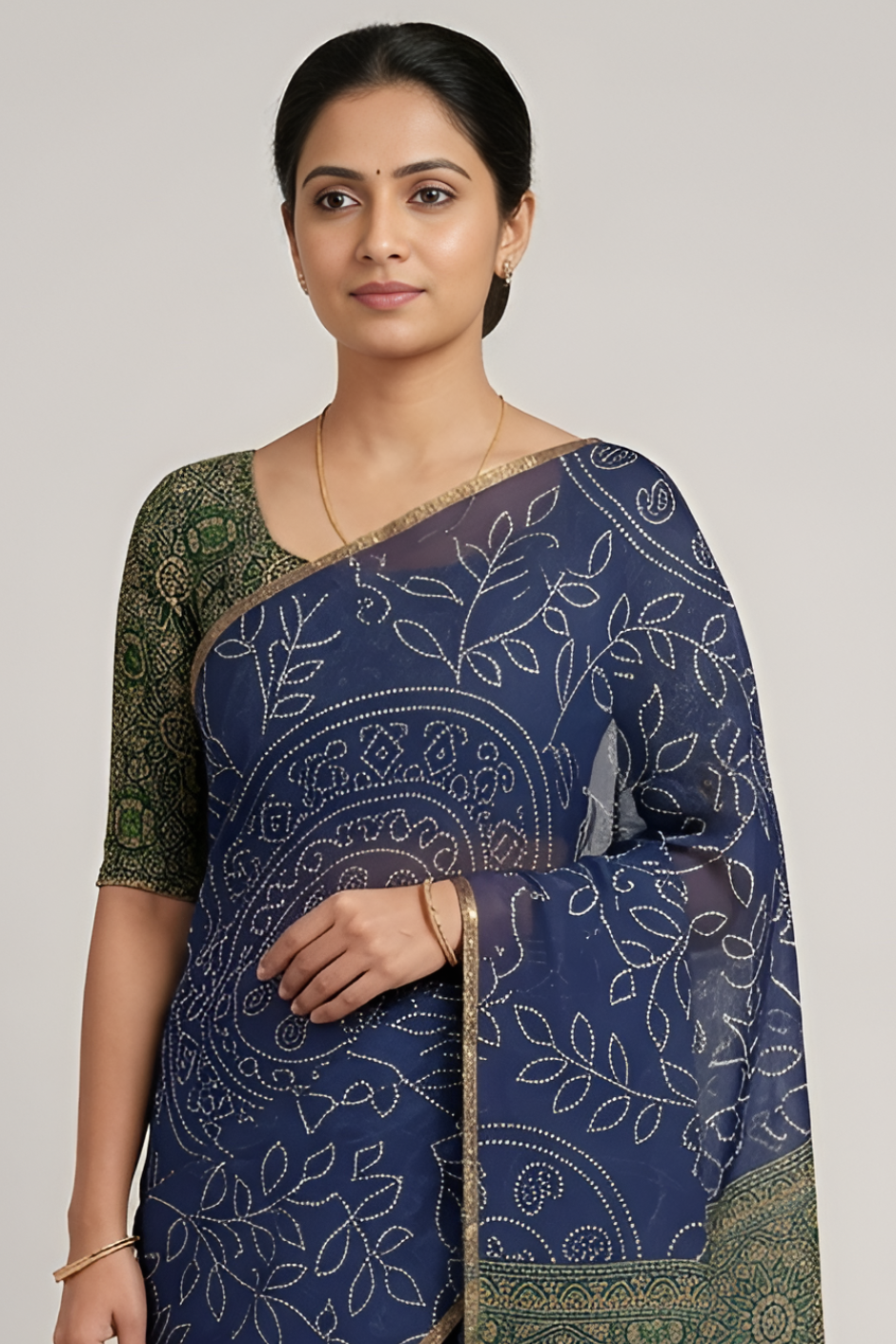 Ajrakh Kalamkari Zari Border Chanderi Saree (Royal Blue)
