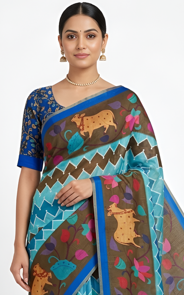 Kazari Print Linen Zari Border Saree (Brown Multicolor)